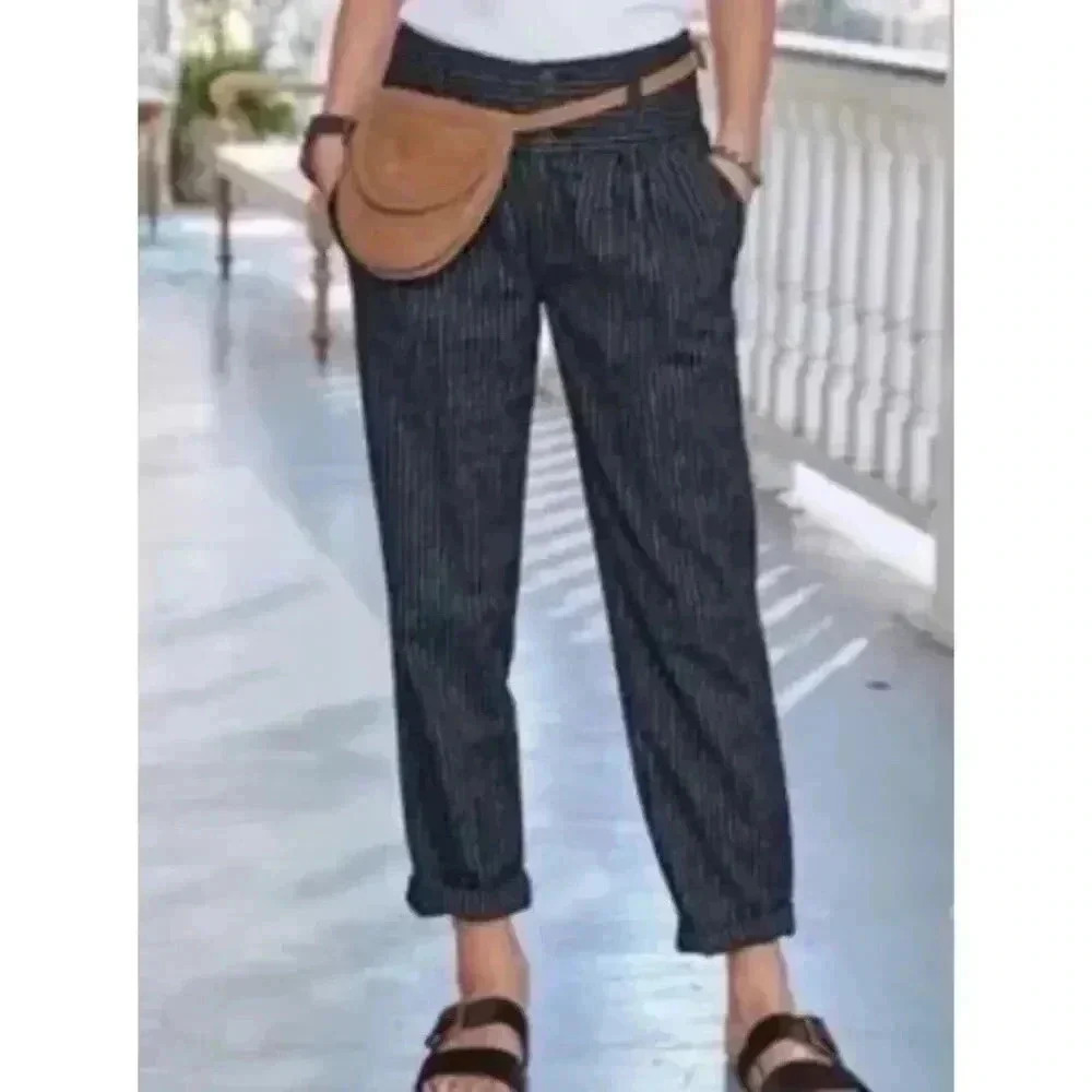 Sundance Amelia Trouser Gray Pinstripe High Waist Pants Linen Blend Sz P5